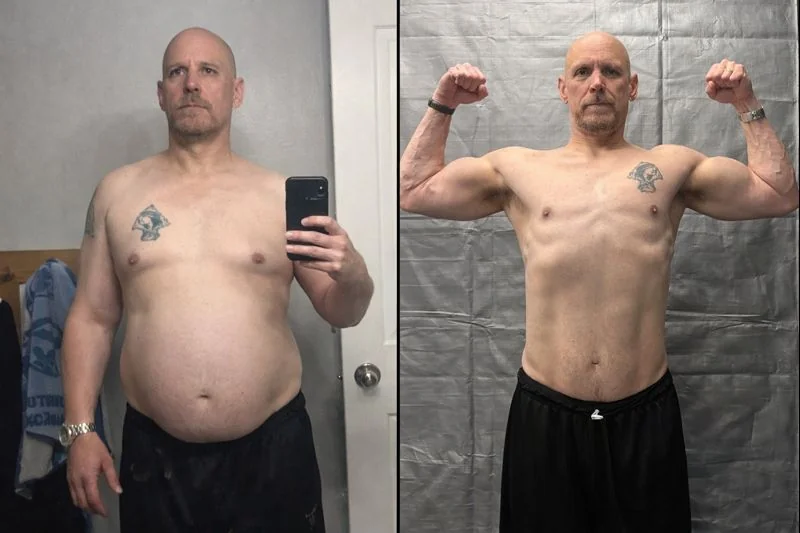 Front-facing comparison of an earlier and later stage of my fitness transformation
