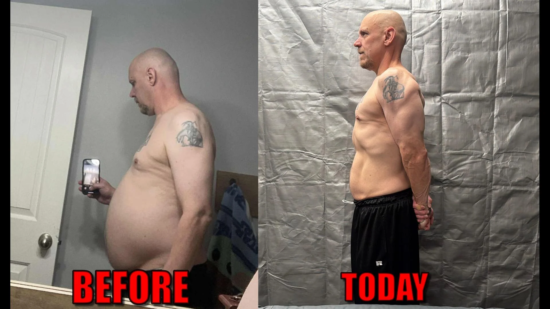 Side-profile comparison showing changes in my waist and physique